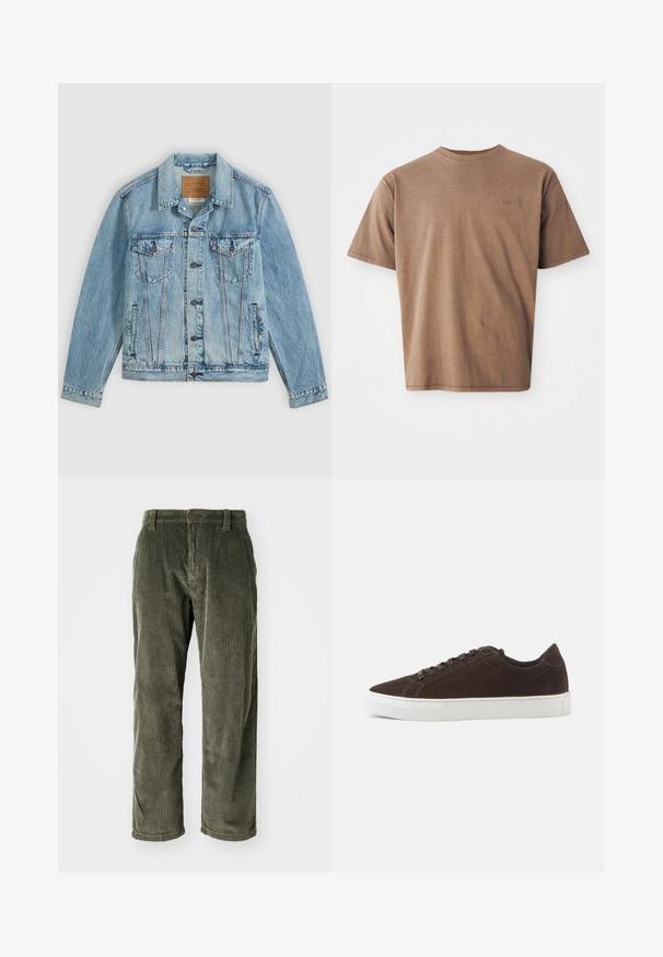 Hellblaue Jeansjacke mit Knopfleiste vorne, zwei Brustklappentaschen mit Knöpfen und zwei seitlichen Leistentaschen, flach auf grauem Hintergrund liegend.; Braunes Baumwoll-T-Shirt mit Rundhalsausschnitt, kurzen Ärmeln und einem dezenten gestickten Logo auf der linken Brustseite. Glatte Textur, lockerer Schnitt.; Olivgrüne Cordhosen mit vertikalen Rippungen, ausgestattet mit einem Knopfverschluss und einem geraden Schnitt. Weicher Stoff mit klassischer Passform.; Dunkelbrauner Veloursleder-Low-Top-Sneaker mit passenden Schnürsenkeln und dicker weißer Gummisohle, von der Seite auf einfachem Hintergrund gezeigt.