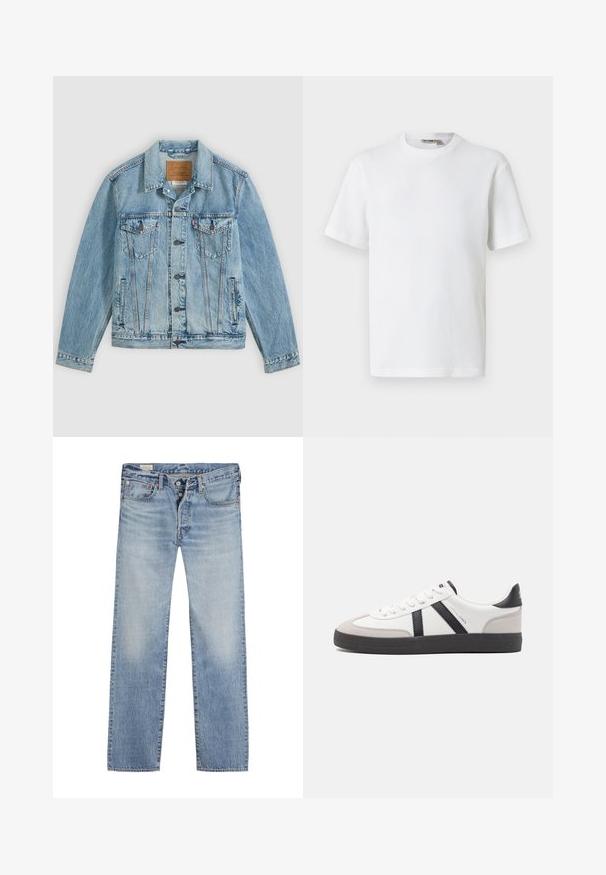 Hellblaue Jeansjacke mit Knopfleiste vorne, zwei Brustklappentaschen mit Knöpfen und zwei seitlichen Leistentaschen, flach auf grauem Hintergrund liegend.; Weißes, kurzärmeliges T-Shirt mit Waffelstrick und Rundhalsausschnitt, mit kleinem Markenetikett im Kragen, auf einfarbigem Hintergrund präsentiert.; Helle blaue Jeans mit geradem Bein, ausgestattet mit einem Knopfverschluss, einem Fünf-Taschen-Design und einem ausgewaschenen Effekt an den Oberschenkeln.; Weiße Sneaker mit schwarz- und grau-aczenten, ausgestattet mit einer strukturierten grauen Zehenkappe, schwarzer Gummi-Sohle und flachen weißen Schnürsenkeln. Sauberes Design, minimalistische Stil.