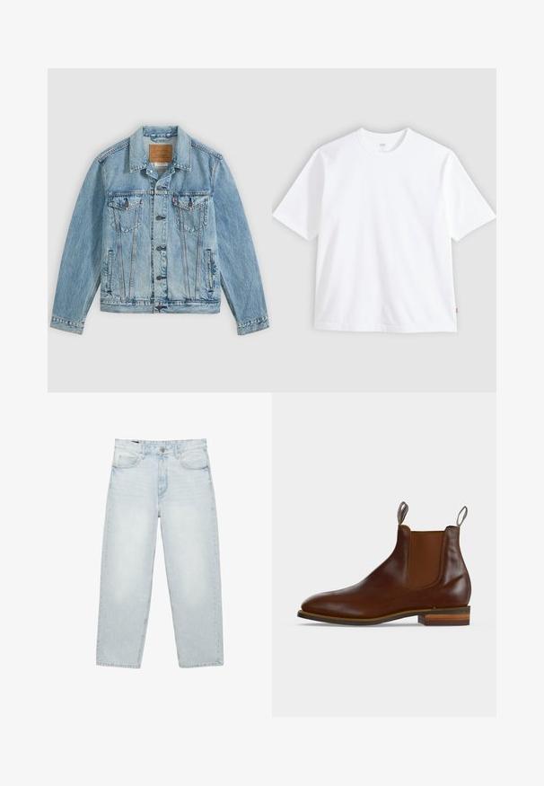 Veste en denim bleu clair avec fermeture à boutons sur le devant, deux poches poitrine à rabat avec boutons et deux poches latérales passepoilées, posée à plat sur un fond gris.; T-shirt blanc à manches courtes en coton, doté d'un col rond et d'une coupe droite. Étiquette visible sur l'ourlet latéral inférieur.; Jean bleu clair taille haute à jambes droites avec bouton et fermeture éclair à l'avant, passants pour ceinture, et design à cinq poches sur fond blanc.; Bottine Chelsea en cuir marron avec panneaux latéraux élastiques, languettes à l'avant et à l'arrière, et talon en bois superposé.