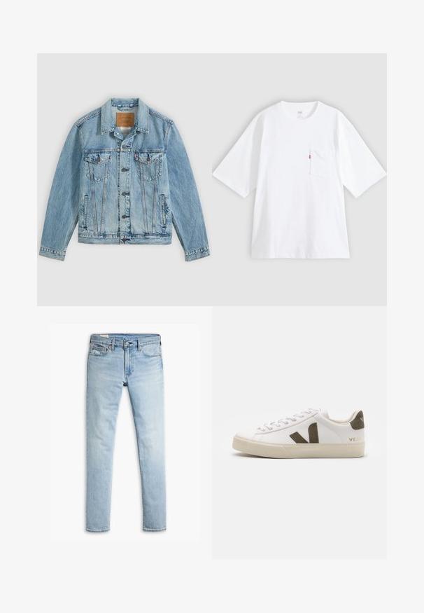 Hellblaue Jeansjacke mit Knopfleiste vorne, zwei Brustklappentaschen mit Knöpfen und zwei seitlichen Leistentaschen, flach auf grauem Hintergrund liegend.; Weißes Baumwoll-T-Shirt mit kurzen Ärmeln, rundem Ausschnitt und Brusttasche auf der linken Seite. Mit kleinem rotem Logotag an der Tasche.; Helle blaue, schmal geschnittene Jeans aus Denim mit Knopf- und Reißverschluss, Fronttaschen und Gürtelschlaufen auf weißem Hintergrund.; Weiße Leder-Sneaker mit einer hellbeigen Gummisohle. Mit braunem Wildleder-V-Logo und Fersenlasche. Schnürverschluss mit texturierter Oberfläche.
