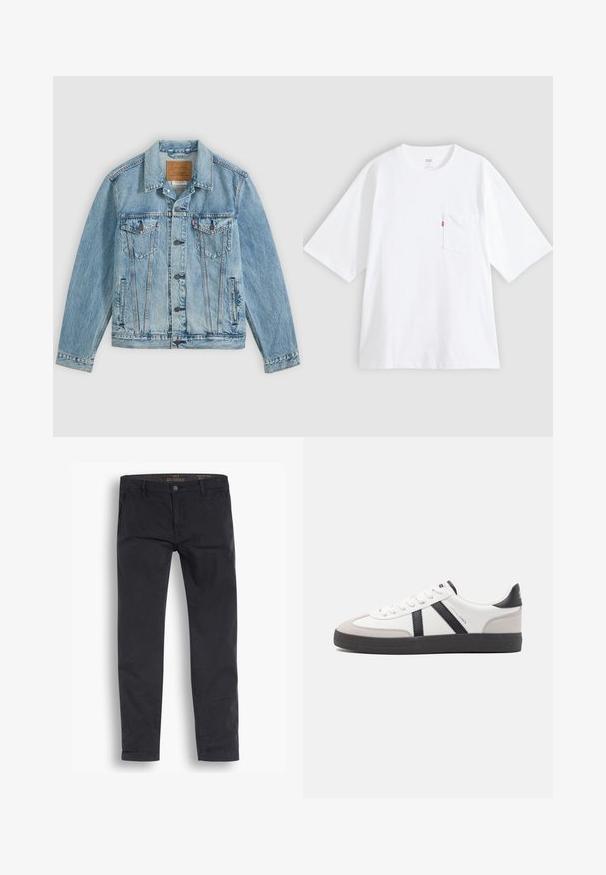 Chaqueta vaquera azul clara con botones delanteros, dos bolsillos de solapa en el pecho con botones y dos bolsillos laterales, colocada plana sobre un fondo gris.; Camiseta blanca de algodón con mangas cortas, cuello redondo y bolsillo en el pecho izquierdo. Presenta una pequeña etiqueta con logo rojo en el bolsillo.; Pantalones chinos negros de algodón. Presentan un diseño de pernera estándar, bolsillos frontales y un cierre de botón con una textura suave.; Zapatilla blanca con acentos en negro y gris, que presenta una puntera texturizada en gris, suela de goma negra y cordones planos blancos. Diseño limpio, estilo minimalista.