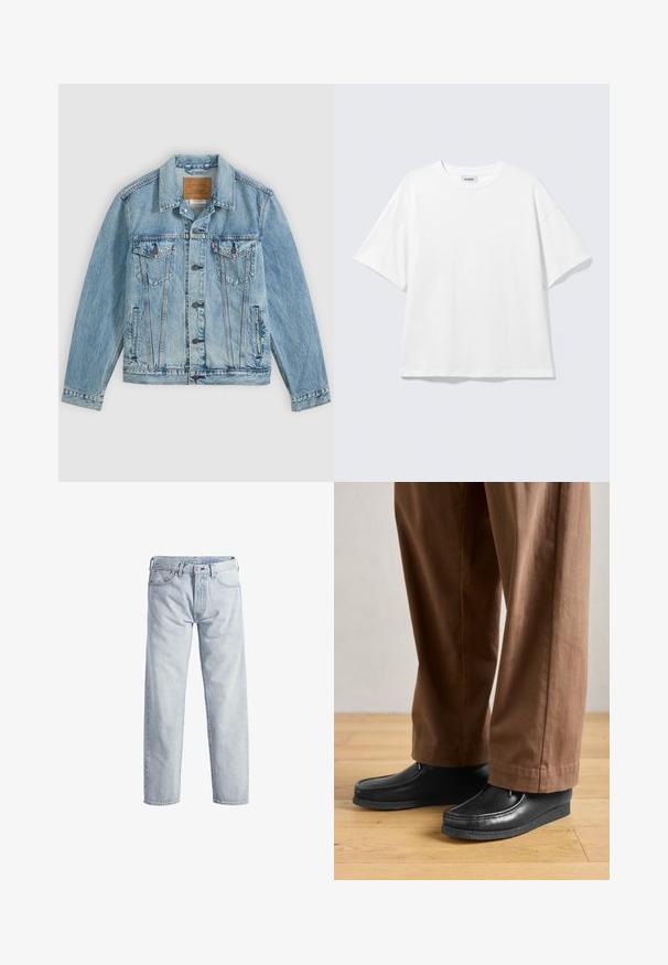 Lyseblå denimjakke med knapper foran, to brystklaplommer med knapper og to sidelommer, lagt fladt på en grå baggrund.; Hvid oversized t-shirt med korte ærmer og rund halsudskæring med sænkede skuldre, fladt lagt på lys grå baggrund.; Lys blå denim jeans med lige ben, knaplukning, fem lommer og subtilt falmet tekstur. Har metal hardware detaljer.; Sorte lædersko med mokkasin-design og syningdetaljer, parret med brune bukser, på et trægulv.