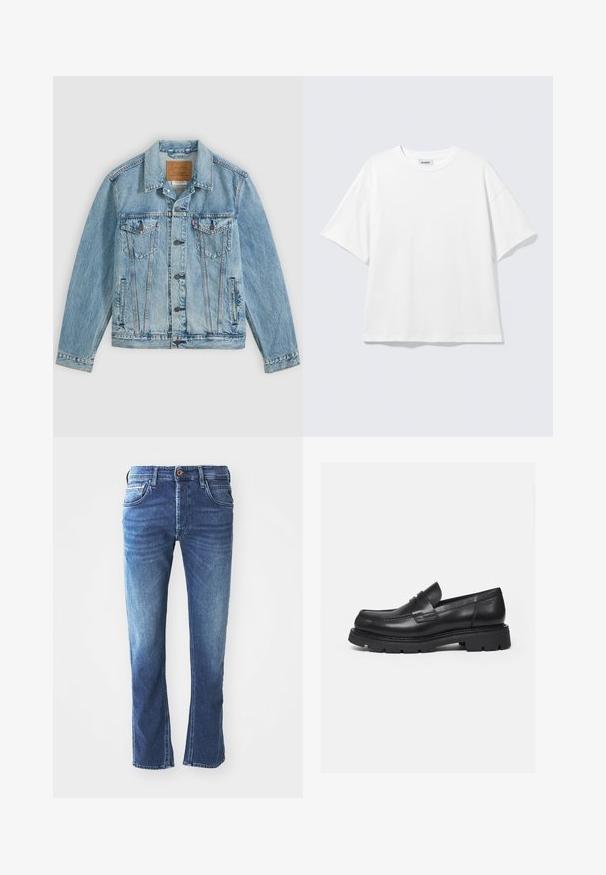 Hellblaue Jeansjacke mit Knopfleiste vorne, zwei Brustklappentaschen mit Knöpfen und zwei seitlichen Leistentaschen, flach auf grauem Hintergrund liegend.; Weißes oversized T-Shirt mit kurzen Ärmeln und Rundhalsausschnitt mit eingesetzten Schultern, flach auf hellgrauem Hintergrund.; Dunkelblaue Jeans aus Denim mit geradem Bein, ausgestattet mit fünf Taschen, einem braunen Knopfverschluss und dezenten hellen Verfärbungen an den Oberschenkeln.; Schwarzer Lederloafer mit dicker, profilierter Sohle und Pennyriemen-Detail, von der rechten Seitenansicht auf weißem Hintergrund gezeigt.