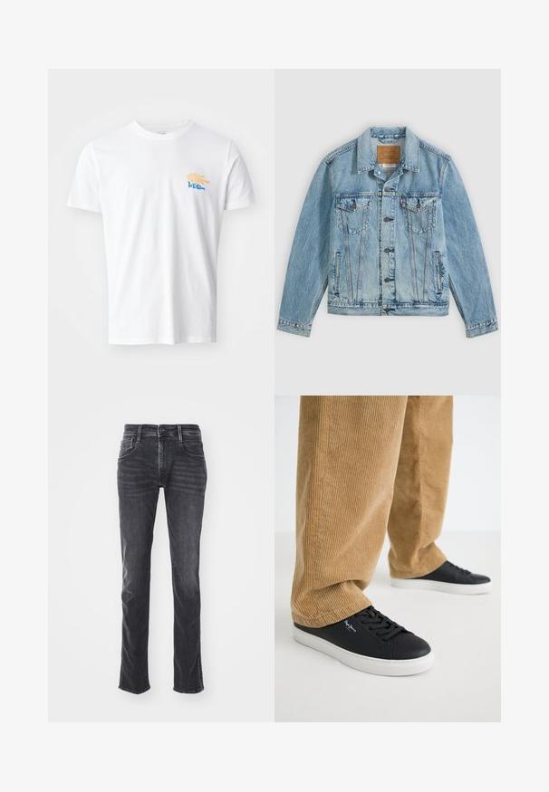 Hellblaue Jeansjacke mit Knopfleiste vorne, zwei Brustklappentaschen mit Knöpfen und zwei seitlichen Leistentaschen, flach auf grauem Hintergrund liegend.; Weißes Baumwoll-T-Shirt mit rundem Halsausschnitt und kurzen Ärmeln. Es verfügt über eine farbenfrohe Grafik mit gelben und blauen Elementen auf der Brust.; Dunkelgraue Jeans aus Denim mit geradem Bein, subtiler Ausbleichung und fünf Taschen. Verfügt über einen Knopf- und Reißverschluss.; Schwarze Ledersneaker mit weißen Gummisohlen. Getragen mit beigen Cordhosen, die vertikale Rippungen und eine lockere Passform aufweisen.