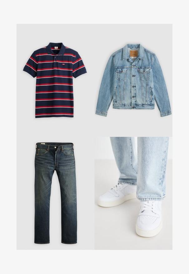 Veste en denim bleu clair avec fermeture à boutons sur le devant, deux poches poitrine à rabat avec boutons et deux poches latérales passepoilées, posée à plat sur un fond gris.; Polo shirt bleu marine avec des rayures horizontales rouges et blanches, col à trois boutons et petit logo Levi's sur la poitrine. Matière en coton doux.; Jean en denim bleu foncé avec une coupe droite, cinq poches et des rivets en cuivre. Le tissu a une finition légèrement délavée, mettant en valeur la texture et le grain.; Baskets basses en cuir blanc avec un bout perforé, des lacets plats et un design minimaliste. Associées à un jean en denim bleu clair.