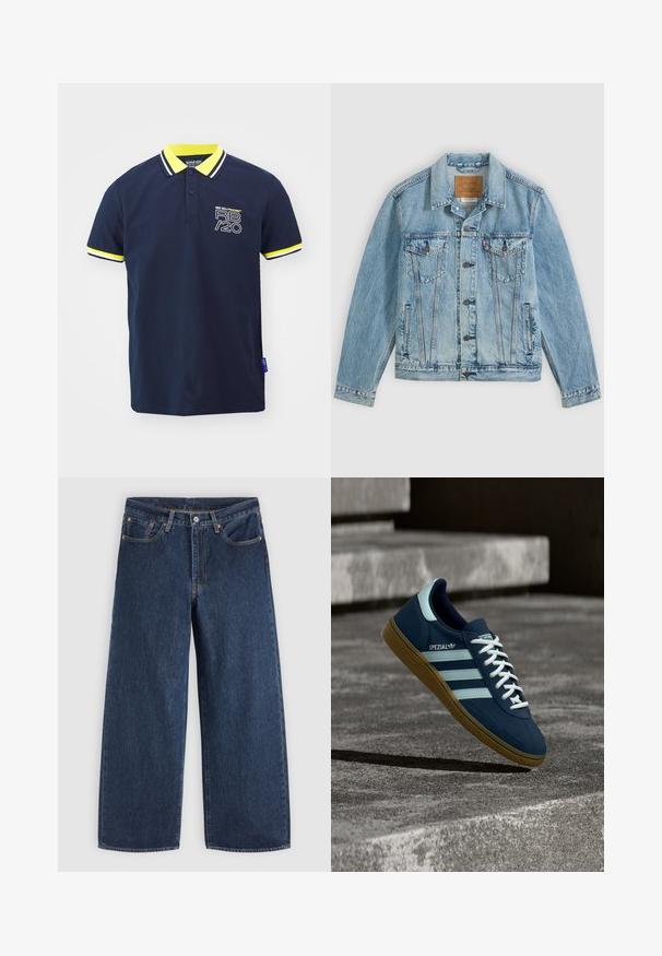 Hellblaue Jeansjacke mit Knopfleiste vorne, zwei Brustklappentaschen mit Knöpfen und zwei seitlichen Leistentaschen, flach auf grauem Hintergrund liegend.; Navyblaues Poloshirt mit gelben und weißen gestreiften Kragen- und Ärmelakzenten. Verfügt über das Red Bull Racing-Logo auf der Vorderseite. Kurzärmliges Design.; Dunkelblaue Jeans mit weitem Bein, Vordertaschen, Knopfverschluss und Gürtelschlaufen, flach auf einem hellen Hintergrund ausgelegt.; Blauer Adidas Spezial Sneaker mit weißen Streifen und Schnürsenkeln, Gummisohle, schwebend über rauer Betonoberfläche und Treppen im Hintergrund.