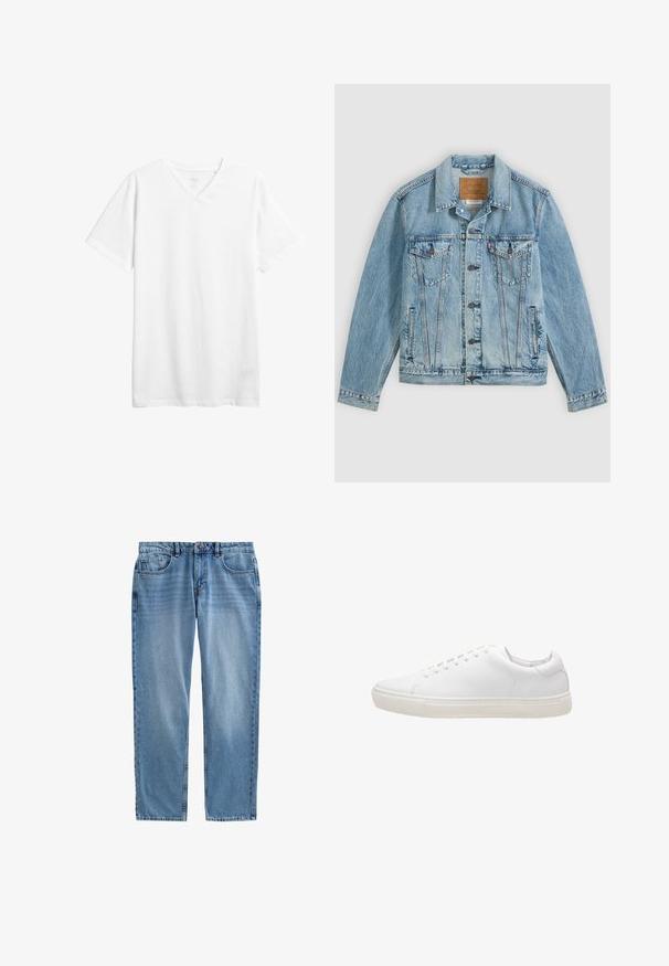 Lyseblå denimjakke med knapper foran, to brystklaplommer med knapper og to sidelommer, lagt fladt på en grå baggrund.; Hvid kortærmet v-hals t-shirt lavet af bomuld. Har en afslappet pasform og en glat tekstur uden synlige mønstre eller grafik.; Lyseblå denimjeans med lige ben, fem-lomme design, synlig syning og lynlås. Ingen slid eller mønstre.; Hvide lædersneakers med en glat overflade, rund tå, snørebåndslukning og flad gummisål. Minimalistisk design uden synlige mønstre.
