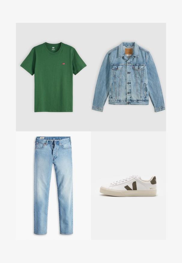 Lyseblå denimjakke med knapper foran, to brystklaplommer med knapper og to sidelommer, lagt fladt på en grå baggrund.; Grøn bomulds t-shirt med rund hals, korte ærmer og et lille rødt Levi's-logo på venstre bryst. Blød tekstur, standard pasform.; Lyseblå denimjeans med lige ben, der har fem lommer, bæltestropper og lukning med knapper.; Hvide læder sneakers med en lys beige gummisål. Har en brun ruskinds V-logo og hælflap. Snørret lukning med en struktureret overflade.