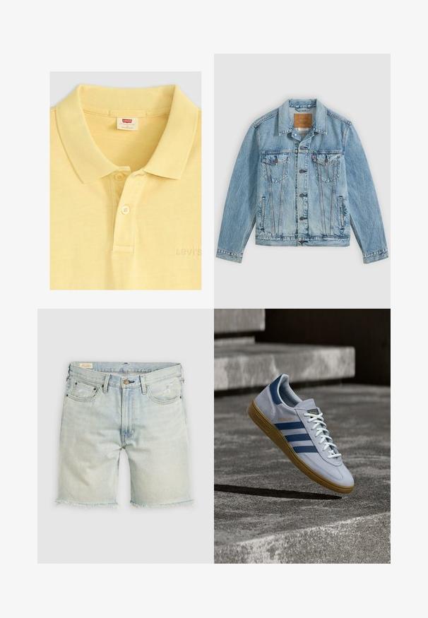Chaqueta vaquera azul clara con botones delanteros, dos bolsillos de solapa en el pecho con botones y dos bolsillos laterales, colocada plana sobre un fondo gris.; Levi's® Polo - acacius stripe egret; Shorts de mezclilla azul claro con dobladillo deshilachado, cinco bolsillos y costuras en contraste. Cuentan con un cierre de botón y un ligero desgaste en la tela.; Zapatilla Adidas Spezial azul claro con rayas azul marino y suela de goma, mostrada en el aire sobre escalones de hormigón en un entorno exterior neutral.