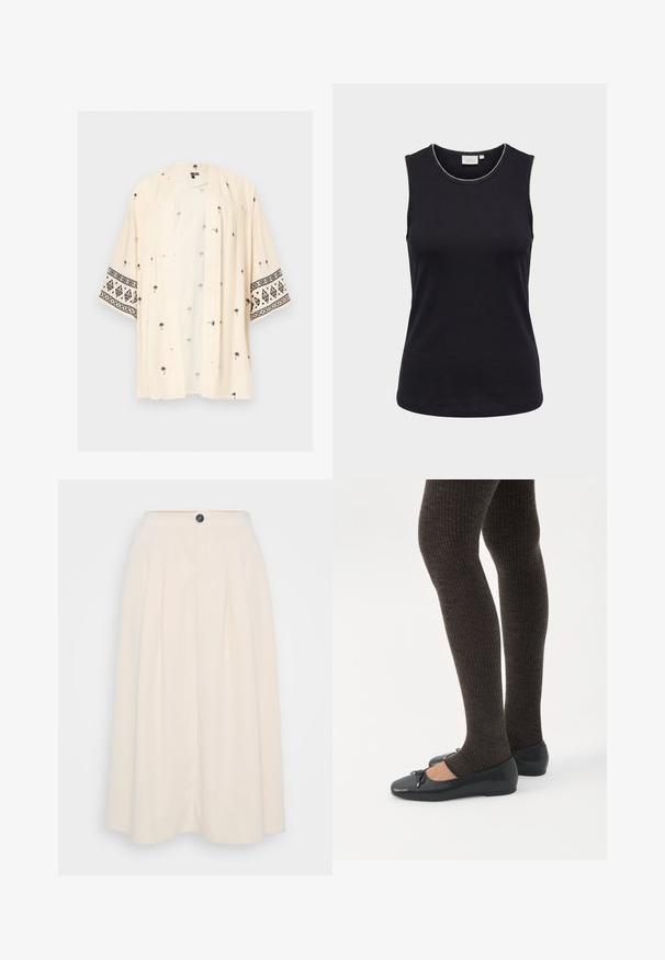 Lyst beige kimono med åben front med sorte palmeprints spredt og sorte geometriske mønstre på brede ærmer.; Sort ærmeløs damebluse med rund halsudskæring og diskret hvid bølget kant langs kanterne mod lys baggrund.; En cremefarvet midi-nederdel med læg, frontknaplukning og en glat tekstur, designet til en afslappet pasform.; Ben iført mørke ribbede leggings kombineret med sorte balletsko med små sløjfedetaljer på hvid baggrund.