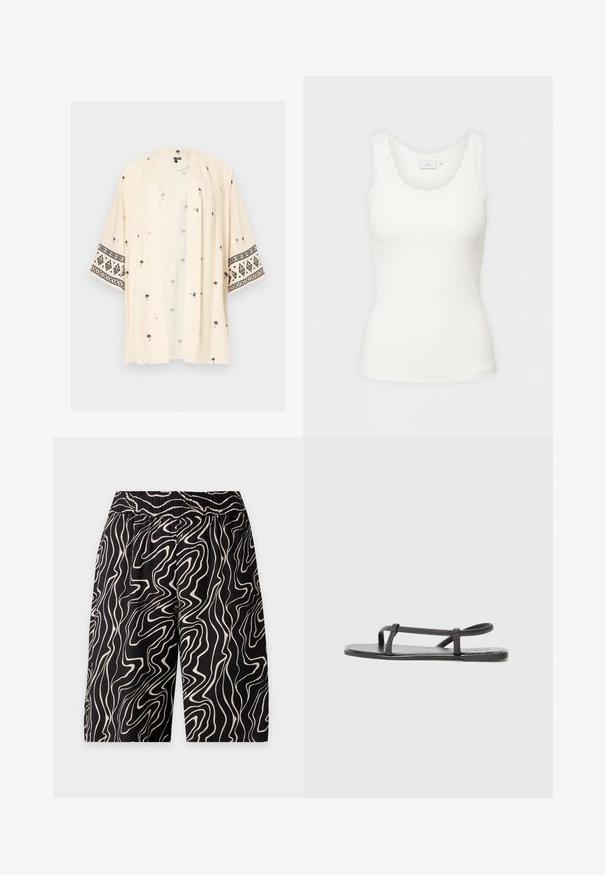 Kimono beige clair ouvert sur le devant avec des impressions de palmiers noirs dispersées et des motifs géométriques noirs sur les manches larges.; Débardeur blanc côtelé avec encolure et bords des manches festonnés, présenté sur un fond clair uni.; Short noir avec une taille élastique présentant un motif abstrait de lignes ondulées blanches couvrant tout le tissu.; Sandales plates noires avec des sangles fines et texturées, au design minimaliste. La semelle est lisse et la forme globale est élégante et discrète.