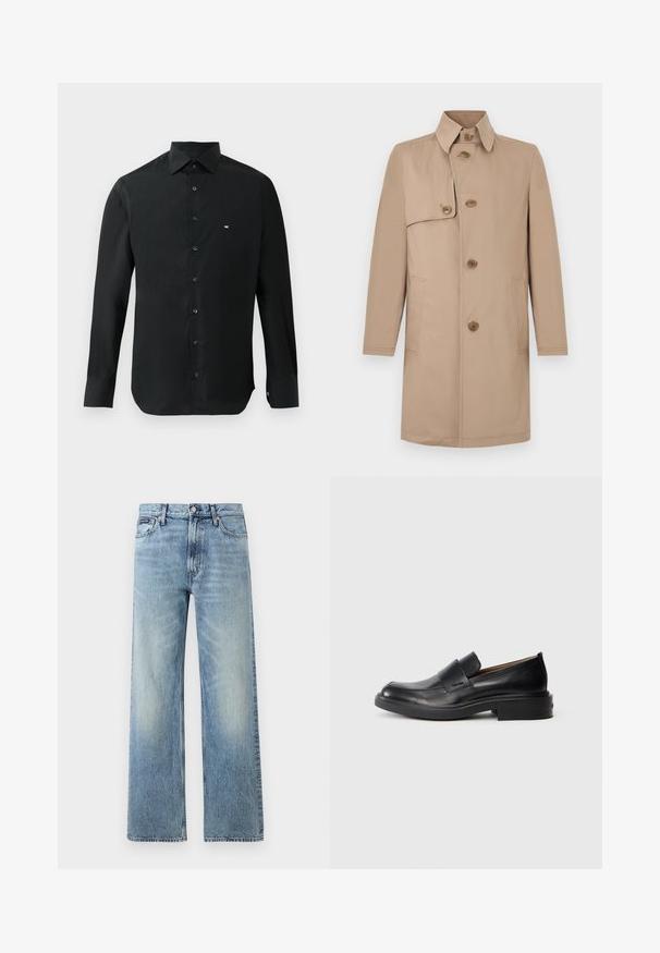 Beige trenchcoat gemaakt van een gladde stof, met een hoge kraag, drie grote knopen en twee zijzakken. Recht model.; Zwarte longsleeve shirt van gladde stof, met een puntige kraag, knoopsluiting en een klein wit logo op de linkerkant van de borst.; Lichtblauwe denim jeans met rechte pijpen, een hoge taille, vijf zakken, knoopsluiting en subtiele vervaging op de dijen en knieën.; Zwarte leren instap schoenen met een lage hak en subtiel Calvin Klein-logo aan de zijkant, weergegeven in profiel op een witte achtergrond.