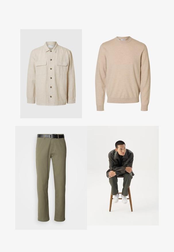 Licht beige linnen shirt met lange mouwen, knoopsluiting aan de voorkant, twee borstzakken en bruine knopen. Glad textuur met een casual ontwerp.; Beige trui met lange mouwen en ronde hals van zachte gebreide stof, met geribbelde boorden en zoom, ontworpen voor heren.; Olivengroene rechte broek van katoen, met een zwarte leren riem, zichtbare stiksels en zijzakken.; Jonge man in een donkere leren jas en spijkerbroek zit op een houten kruk, leunt naar voren met gekruiste armen en kijkt naar de zijkant tegen een witte achtergrond.