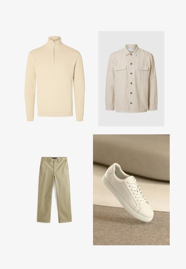 Chemise en lin beige clair à manches longues, fermeture à boutons sur le devant, deux poches poitrine et boutons marron. Texture lisse avec un design décontracté.; Pull beige en maille avec un col montant côtelé et une courte fermeture éclair à l'avant, avec des manches longues et des poignets et un bas côtelés.; Chinos en coton beige avec une coupe droite, dotés de deux poches avant et d'une fermeture à bouton classique. Texture lisse, accents minimalistes.; Baskets en cuir blanc avec des lacets blancs, exposées sur une surface beige texturée et avec un arrière-plan flou doux.