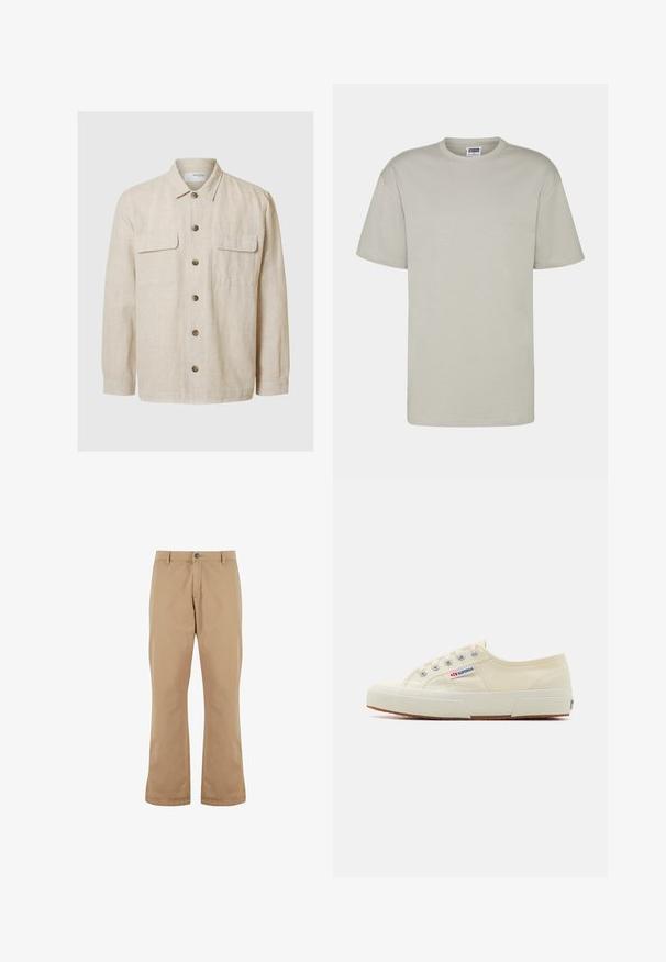 Camisa de lino beige claro con mangas largas, cierre frontal de botones, dos bolsillos en el pecho y botones marrones. Textura suave con un diseño casual.; Camiseta de algodón gris claro con mangas cortas, escote redondo y corte holgado. Sin patrones ni diseños visibles. Costuras planas y largo estándar.; Pantalones de algodón beige con un corte recto, que cuentan con un cierre de botón, bolsillos frontales y una textura suave.; Zapatillas de lona beige con un diseño de perfil bajo, ojales de metal y suela de goma. Presenta un patrón texturizado y detalle del logo en el lateral.