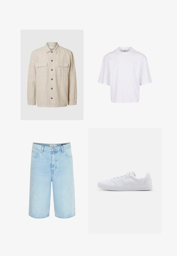 Licht beige linnen shirt met lange mouwen, knoopsluiting aan de voorkant, twee borstzakken en bruine knopen. Glad textuur met een casual ontwerp.; Witte, kortekorte t-shirt met een ronde hals en een ontspannen pasvorm, gemaakt van een zachte katoenmix. Geen patronen of versieringen.; Lichtblauwe denim shorts met een ontspannen pasvorm, vijf-pocket ontwerp, enkele knoopsluiting en contrasterende stiksels langs de naden.; Witte canvas sneakers met een rubberen zool, voorzien van zes oogjes, een gestructureerde neuskap en een minimalistisch ontwerp.