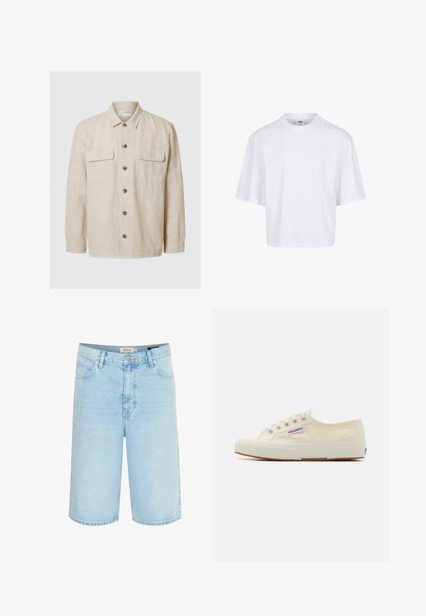 Chemise en lin beige clair à manches longues, fermeture à boutons sur le devant, deux poches poitrine et boutons marron. Texture lisse avec un design décontracté.; T-shirt blanc à manches courtes avec un col rond et une coupe décontractée, fabriqué à partir d'un tissu en coton mélangé doux. Aucun motif ni embellissement.; Shorts en denim bleu clair avec une coupe décontractée, design à cinq poches, fermeture à un bouton et coutures contrastées le long des coutures.; Baskets en toile beige au design épuré, œillets en métal et semelle en caoutchouc. Présente un motif texturé et un détail de logo sur le côté.