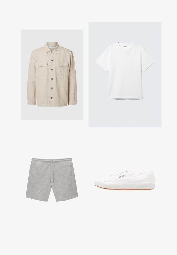 Chemise en lin beige clair à manches longues, fermeture à boutons sur le devant, deux poches poitrine et boutons marron. Texture lisse avec un design décontracté.; T-shirt blanc à manches courtes et col rond, étalé à plat, design uni, avec l'étiquette "WEEKDAY" à l'intérieur du col sur un fond clair.; Shorts en coton gris au toucher doux, taille élastique, fermeture à cordon de serrage et deux poches latérales. Design simple sans motifs visibles.; Baskets en toile blanches avec une semelle en caoutchouc, design à lacets et une petite étiquette logo sur le côté. Tige blanche texturée et semelle extérieure marron.