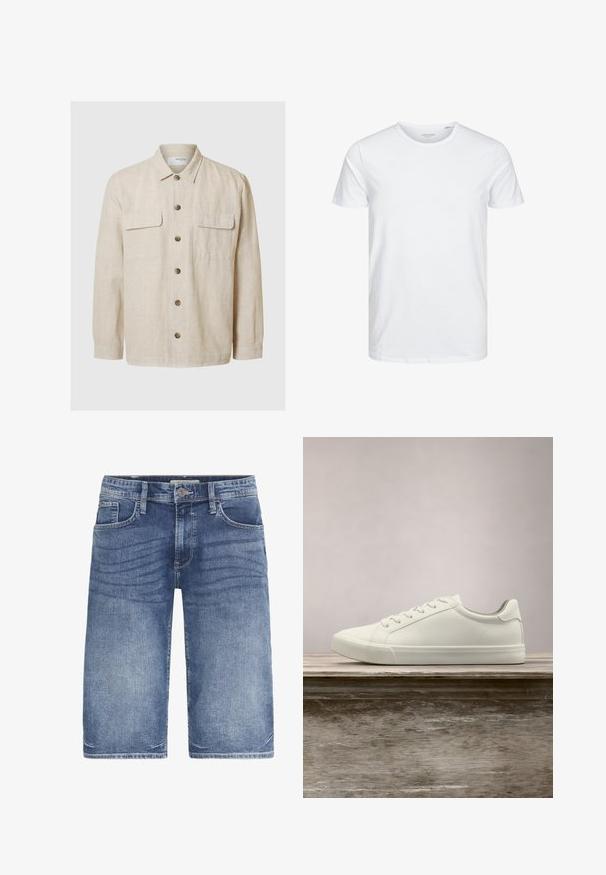 Chemise beige à manches longues, boutonnée, avec col et deux poches avant à rabat, en tissu texturé.; T-shirt à col rond à manches courtes de couleur blanche unie, fabriqué en coton doux, avec un design simple sans motifs ni accents visibles.; Shorts en denim bleu clair, avec une coupe classique, cinq poches, fermeture à bouton et un léger dégradé sur le tissu pour une texture.; Sneaker en dentelle blanche flottant au-dessus d'un banc en bois avec un feuillage vert en arrière-plan, mettant en valeur le design et la texture de la chaussure.