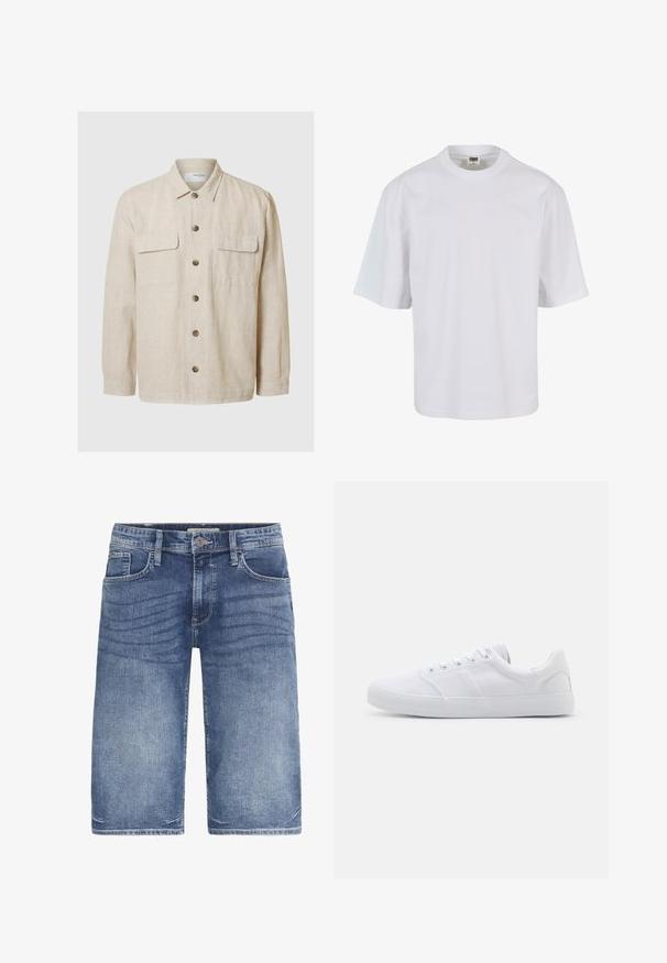 Lys beige linned skjorte med lange ærmer, frontknaplukning, to brystlommer og brune knapper. Glat tekstur med et afslappet design.; Hvid, kortærmet t-shirt lavet af bomuld. Har rund halsudskæring og løs pasform med en glat tekstur og ingen synlige mønstre eller grafik.; Lette blå denimshorts med klassisk snit, fem lommer, knaplukning og subtilt slid foran for tekstur.; Hvide lærreds sneakers med gummisål, der har seks snørehuller, en struktureret tåkap og et minimalistisk design.