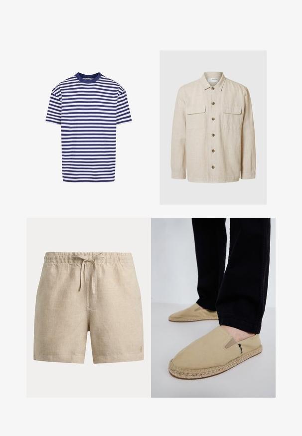 Licht beige linnen shirt met lange mouwen, knoopsluiting aan de voorkant, twee borstzakken en bruine knopen. Glad textuur met een casual ontwerp.; Korte mouwen gestreept t-shirt met marineblauwe en witte horizontale strepen, ronde hals, relaxed fit en zachte katoenen stof.; Beige geruite korte broek met elastische tailleband en voorzijde trekkoord, met een klein geborduurd logo op het linkeronderbeen.; Beige canvas instapschoenen met elastische inzet, jute touwzool en contrasterende stiksels. Draag ze met zwart taps toelopende broek.
