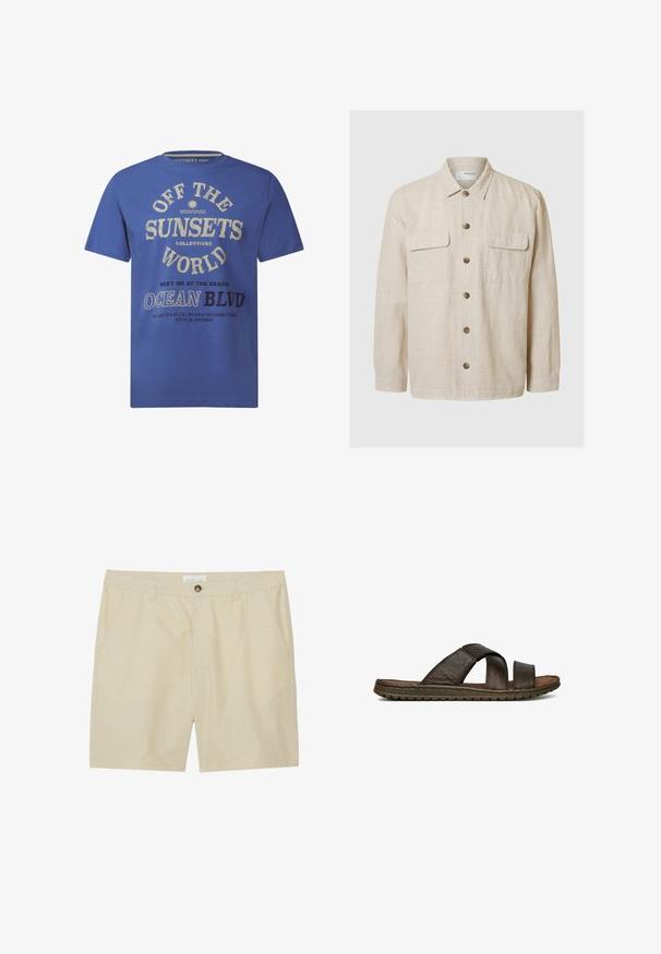 Licht beige linnen shirt met lange mouwen, knoopsluiting aan de voorkant, twee borstzakken en bruine knopen. Glad textuur met een casual ontwerp.; Blauwe T-shirt met korte mouwen, gemaakt van katoen, met geprinte tekst in crème en zwart, inclusief "OFF THE SUNSETS" en "OCEAN BLVD."; Beige shorts van lichte stof, met een rechte voorkant, zijzakken en een enkele knoopsluiting bij de tailleband.; Bruine leren slip-on sandaal met twee brede banden en een gestructureerde rubberen zool, getoond in profiel op een witte achtergrond.
