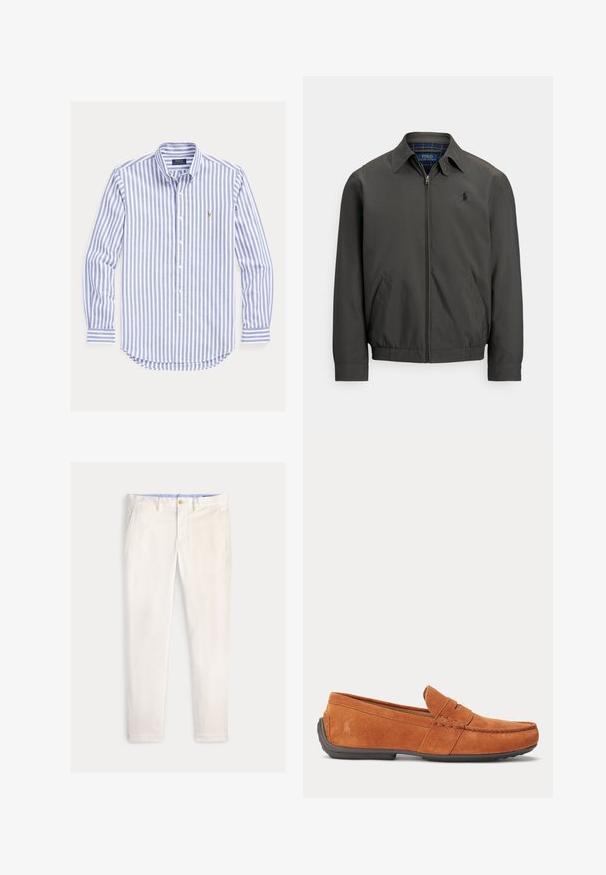 Veste bomber gris foncé en tissu lisse avec fermeture éclair à l'avant, poches latérales et poignets élastiques. Présente un logo brodé sur la poitrine.; Chemise à manches longues rayée verticalement bleu et blanc, boutonnée, col boutonné et petit logo brodé sur la poitrine.; Pantalon slim fit pour homme de couleur blanc cassé avec poches avant, passants de ceinture et fermeture à bouton sur un fond uni.; Mocassin homme en daim marron avec détails de couture, une fente pour pièce sur le dessus et une semelle en caoutchouc foncé.
