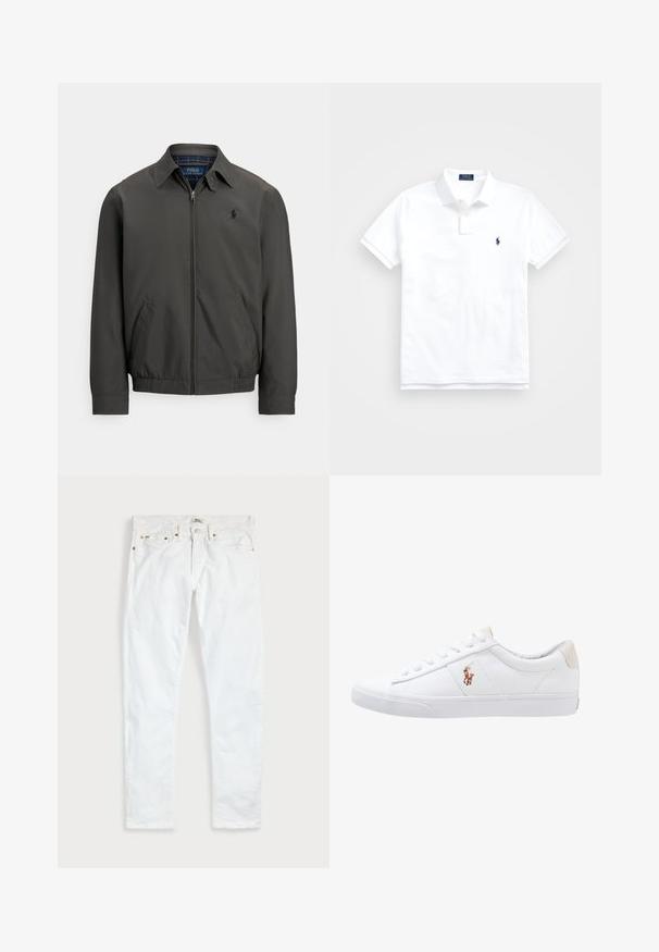 Chaqueta bomber gris oscuro hecha de tejido liso con cremallera frontal, bolsillos laterales y puños elásticos. Presenta un logo bordado en el pecho.; Polo blanco de manga corta con cuello, dos botones y pequeño logo bordado en azul marino en el pecho izquierdo.; Vaqueros blancos de corte ajustado con cinco bolsillos, cierre de botones y trabillas para cinturón, extendidos sobre un fondo liso y claro.; Zapatilla de lona blanca con diseño de corte bajo, que cuenta con un taco trasero beige y un pequeño logo bordado en el costado. Suela de goma.