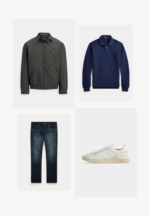 Dunkelgraue Bomberjacke aus glattem Stoff mit Reißverschluss vorne, Seitentaschen und elastischen Bündchen. Verfügt über ein gesticktes Logo auf der Brust.; Marineblaues langärmeliges Poloshirt mit Kragen, Knopfleiste und rotem gesticktem Logo auf der linken Brust.; Dunkelblaue Jeans aus Denim mit geradem Bein, dezentem Ausbleichen in Kniehöhe und orangen Ziernähten an Taschen und Nähten.; Weißer flacher Ledersneaker mit beigefarbener Sohle, Schnürung vorne und Polo Ralph Lauren Logos, die an der Seite und Ferse geprägt sind.