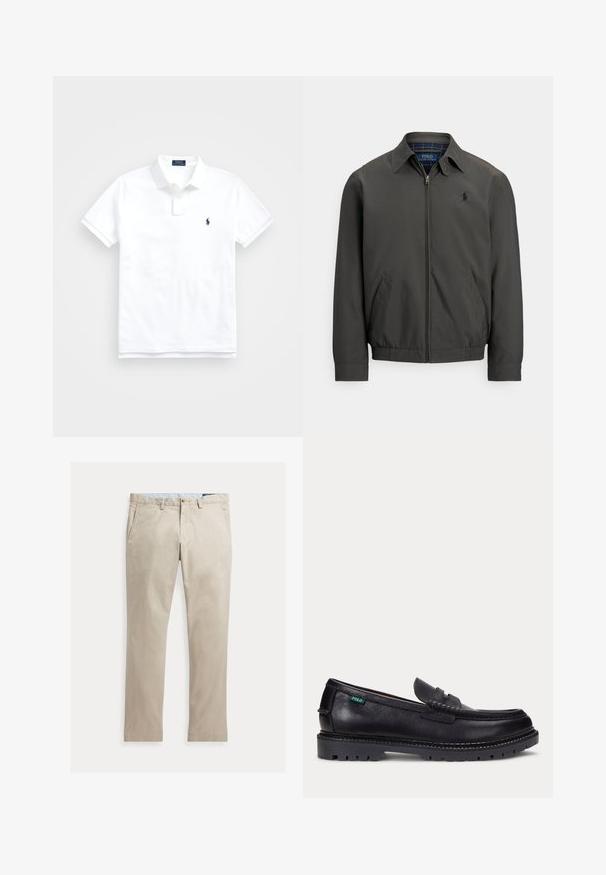 Veste bomber gris foncé en tissu lisse avec fermeture éclair à l'avant, poches latérales et poignets élastiques. Présente un logo brodé sur la poitrine.; Polo blanc à manches courtes avec col, deux boutons et petit logo brodé bleu marine sur la poitrine gauche.; Pantalon beige en coton à jambes droites, avec poches avant, passants de ceinture, fermeture par bouton et braguette zippée, présenté à plat sur fond blanc.; Mocassin en cuir noir avec une semelle épaisse à crampons et une petite étiquette verte "Polo" sur le côté extérieur, près du talon.