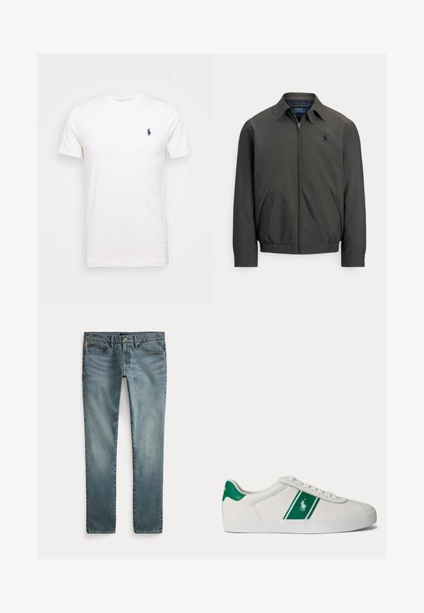 Chaqueta bomber gris oscuro hecha de tejido liso con cremallera frontal, bolsillos laterales y puños elásticos. Presenta un logo bordado en el pecho.; Camiseta de algodón blanca con cuello redondo. Presenta un pequeño logo azul oscuro en el lado izquierdo del pecho. Mangas cortas, textura suave.; Pantalones vaqueros de mezclilla azul de pierna recta con bolsillos delanteros, trabillas para cinturón y cierre de botón.; Zapatilla blanca de corte bajo con una franja verde y el logo de Polo en el lateral, lengüeta verde en el talón y cordones blancos, mostrada desde el lado izquierdo sobre un fondo liso.