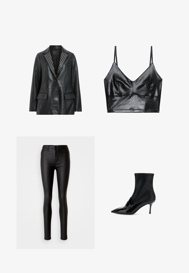 Sort læderblazer med sølvnitter på kraven, to forlommer og en enkelt knaplukning. Glat tekstur og skræddersyet pasform.; Sorte, skinnende bralette med tynde justerbare stropper, der har en V-udskæring, glat tekstur og subtil samling ved brystet for form.; Sorte faux læder skinny jeans med en glat overflade, høj talje, knaplukning og traditionelt fem-lomme design.; Sorte ankelstøvler lavet af glat læder med en slank, spids tå, blanke lakdetaljer, en slank stilettohæl og en strækbar overdel.