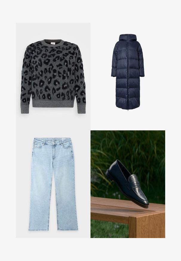 Abrigo acolchado azul marino con capucha, con cierre frontal, diseño oversize y textura acolchada. El dobladillo llega a la mitad de la pantorrilla.; Suéter gris con manchas negras de leopardo, con cuello redondo y puños acanalados, hecho de un material suave y texturizado.; Vaqueros de mezclilla azul claro con corte recto, cinco bolsillos, trabillas para el cinturón y cierre de botón con cremallera, colocados sobre un fondo blanco.; Zapato mocasín de cuero negro equilibrado en el borde de un banco de madera al aire libre con fondo de follaje verde.