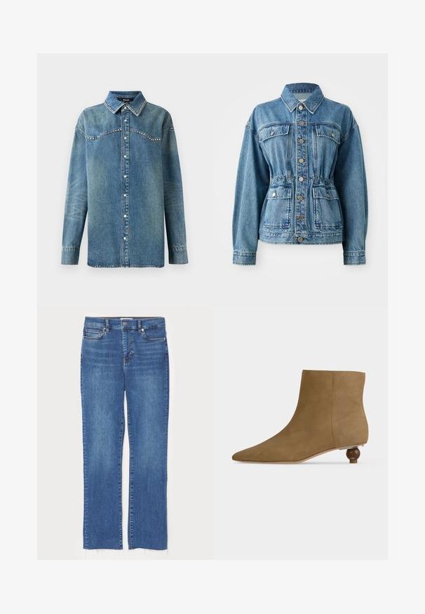 Lysblå denimjakke med krave, frontlommer og elastisk talje. Har sølvknapper og en afslappet pasform.; Blå denim skjorte med lange ærmer, trykknapper, spids krave og rhinsten-detaljer langs bærestykke og kravekanter.; Blå denim jeans med lige snit, der har knap- og lynlåslukning, fem lommer og frynsede kanter forneden.; Tan ruskind ankelstøvle med spids tå og lav, rund træhæl på hvid baggrund.