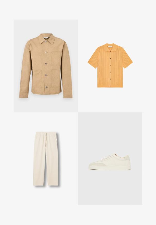 Veste chemise marron clair à boutons, manches longues, trois poches frontales et un motif texturé subtil.; Cardigan en maille jaune moutarde à manches courtes, boutonné, avec des motifs ajourés verticaux et un col pointu.; Pantalon beige à taille élastique avec cordon et poches latérales, coupe droite, présenté sur un fond blanc plat.; Baskets en daim blanc à finition lisse, embout rond, design lacé plat, avec des accents texturés contrastants. Comprend un détail de logo subtil.