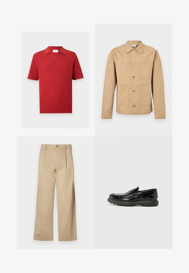 Veste chemise marron clair à boutons, manches longues, trois poches frontales et un motif texturé subtil.; Polo en maille rouge à manches courtes avec motif texturé, col en V et col plié, présenté sur un fond clair uni.; Pantalon beige taille haute avec plis, passants de ceinture, fermeture par bouton et jambes larges droites sur fond blanc.; Mocassin en cuir noir avec une finition brillante, bout arrondi, détails de couture subtils et semelle en caoutchouc épaisse pour la durabilité.