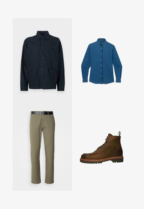 Donkerblauwe spijkerjack met een kraag, knopen aan de voorkant en twee grote opgestikte zakken. Heeft een gestructureerde afwerking.; Blauw denim overhemd met lange mouwen, knoopsluiting, een puntige kraag en een klein geborduurd logo op de linkerborst.; Olivengroene rechte broek van katoen, met een zwarte leren riem, zichtbare stiksels en zijzakken.; Bruine leren enkellaarzen met een ronde neus, metalen oogjes en een robuuste rubberen zool. Inclusief een trekband voor gemakkelijk aan- en uittrekken.