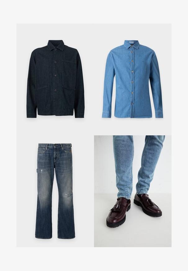 Veste en denim bleu foncé avec un col, des boutons à l'avant et deux grandes poches à rabat. Présente une finition texturée.; Chemise en denim bleu à manches longues avec col et boutons marron à l'avant, présentée sur un fond gris clair uni.; Jean en denim bleu foncé avec un délavage. Comprend une coupe large, des détails usés incluant une déchirure, et un design standard à cinq poches.; Mocassins en cuir bourgogne avec pompons et dessus texturé, associés à un jean en denim bleu clair. Semelle en caoutchouc noir visible.