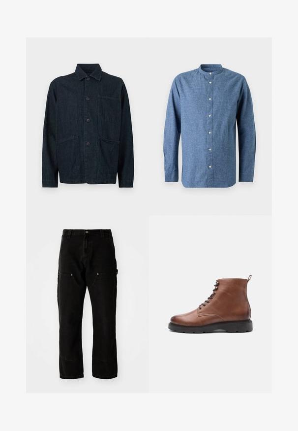 Dunkelblaue Jeansjacke mit Kragen, Frontknöpfen und zwei großen aufgesetzten Taschen. Mit einer strukturierten Oberfläche.; Blaues langärmliges Hemd mit Stehkragen und weißen Knöpfen, vor hellem Hintergrund präsentiert.; Schwarze Denim Cargo-Hosen mit lockerer Passform, ausgestattet mit zwei Vordertaschen, Seitentaschen und sichtbaren Nähdetails.; Braune Lederstiefeletten mit einer runden Zehenpartie, Schnürung vorne und schwarzer Gummisohle. Mit einer Schlaufe an der Rückseite für einfaches Anziehen.
