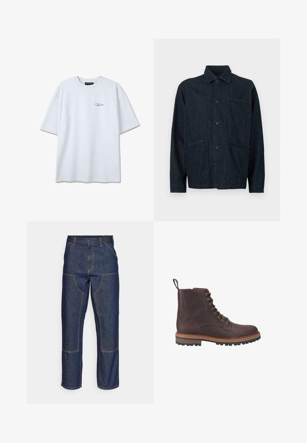 Donkerblauwe spijkerjack met een kraag, knopen aan de voorkant en twee grote opgestikte zakken. Heeft een gestructureerde afwerking.; Wit T-shirt met korte mouwen, voorzien van een klein zwart "Pegador"-logo op de linkerborst, ronde hals en een losse pasvorm.; Donkerblauwe denim jeans met een hoge taille, rechte pijpen, contrasterende stiksels en opgestikte zakken aan de voorkant.; Bruine leren veterschoenen tot boven de enkel met een gestructureerde afwerking, contrasterende beige zolen en metalen veteroogjes. Voorzien van een trekkoordje voor gemakkelijk aan- en uittrekken.