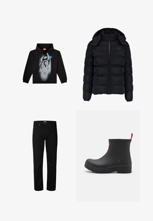 Sort polstret jakke med lynlås foran, aftagelig hætte og ribbede manchetter. Designet har en quiltet overflade med sidelommer.; Sort hættetrøje lavet af bomuld. Har en frontlomme, snorhuv og et gråt spraymalet design med en blå etikette accent.; Sorte jeans med lige ben, knap- og lynlåslukning, bæltestropper samt for- og baglommer, vist mod en ensfarvet hvid baggrund.; Sort gummistøvle med glat overflade, rund tå og en rød strop bagpå. Har en lav, robust sål for holdbarhed.