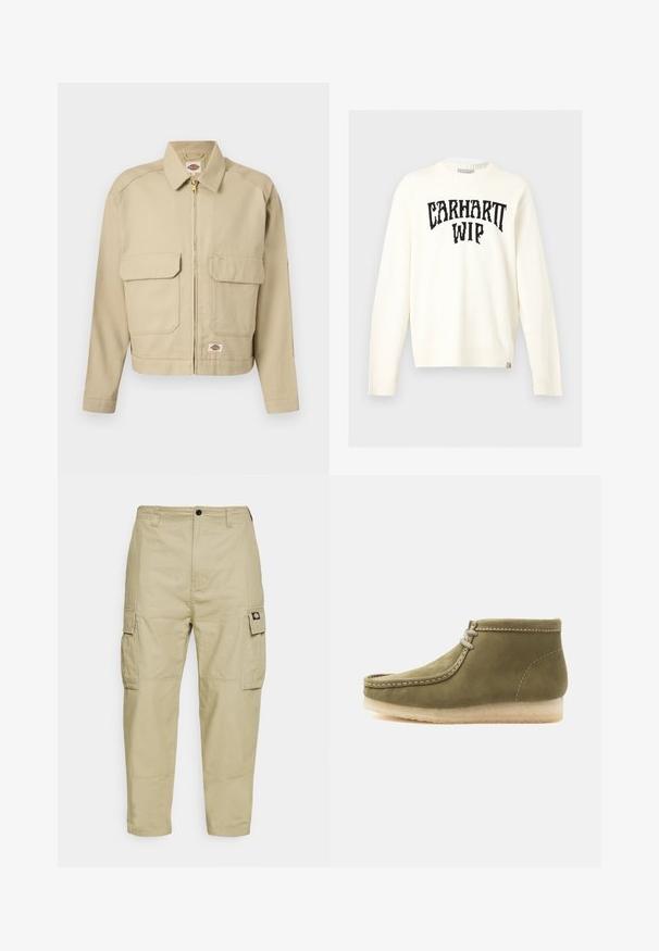 Beige-vetoketjullinen takki, jossa kaksi suurta etutaskua läpällä, suora kaulus, pitkät hihat ja Dickies-merkkilippu rinnassa sekä helman kohdalla.; Off-white pitkähihaisen pyöreäkauluksisen neuleen rintaa koristaa musta "CARHARTT WIP" -teksti ja alahelmassa on pieni merkkilappu.; Kermanväriset cargo-housut, jotka on valmistettu kestävästä kankaasta. Housuissa on kaksi sivutaskua, napitus ja kapenevat lahkeet, joissa on sileä pinta.; Oliivinvihreä mokkanahkainen nilkkurit, joissa on mokkasiinin kärki, valkoinen tikkaus, kaksireikäiset nauhat ja kreppipohja valkoisella taustalla.