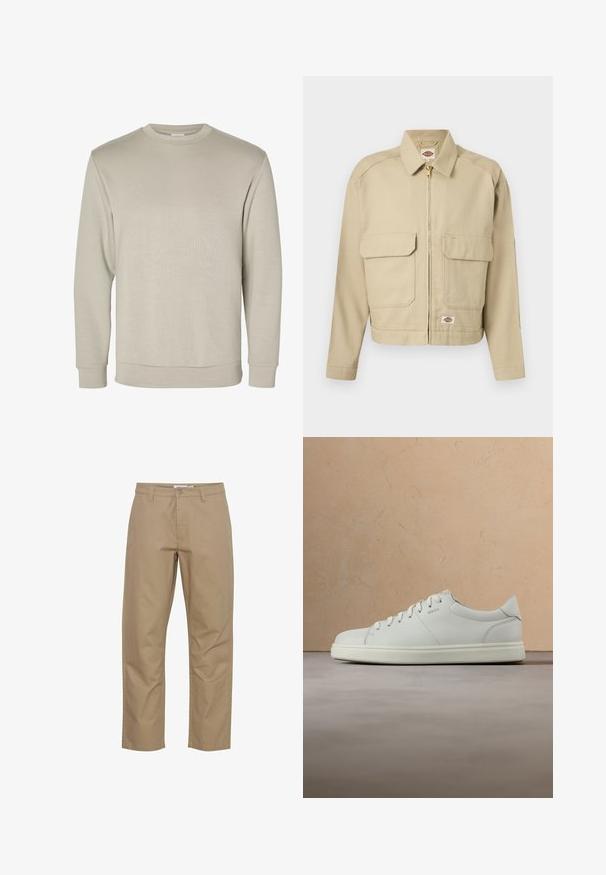 Beige jas met ritssluiting, twee grote klepzakken aan de voorkant, rechte kraag, lange mouwen en het Dickies merklabel op de borst en zoom.; Beige lange mouwen sweater met ronde hals, geribde manchetten en zoom, weergegeven op een effen witte achtergrond.; Beige katoenen broek met een rechte pijp, voorzien van een knoop- en ritsluiting aan de voorkant, zijzakken en een nette afwerking.; Witte leren sneaker met een gladde textuur, ronde neus en platte veters. Voorzien van een subtiel logo en een lichte zool.