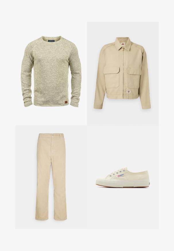 Veste beige à fermeture éclair avec deux grandes poches à rabat à l'avant, col droit, manches longues, et étiquette de la marque Dickies sur la poitrine et l'ourlet.; Pull en tricot beige clair avec des manches longues, un col rond et une finition texturée. Il présente une petite étiquette en cuir marron sur l'ourlet.; Carhartt WIP SIMPLE PANT - Pantalon classique - beige; Baskets en toile beige au design épuré, œillets en métal et semelle en caoutchouc. Présente un motif texturé et un détail de logo sur le côté.