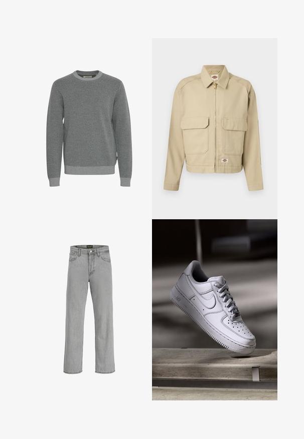 Béžová bunda na zips s dvoma veľkými prednými vreckami s klopou, rovný golier, dlhé rukávy a štítok značky Dickies na hrudi a na spodnom leme.; Sivý pletený sveter s okrúhlym výstrihom, dlhými rukávmi a rebrovanými manžetami. Obsahuje textúrovanú tkaninu a jemný vzor po celom povrchu.; Šedé rifľové nohavice so strihom rovného nohu, piatimi vreckami, pútkami na opasok a zapínaním na gombík. Obsahujú mierny omak a žiadnu viditeľnú výšivku.; Biely kožený teniska Nike Air Force 1 má perforovanú špičku, ploché šnúrky a štruktúrovanú gumovú podrážku s nápisom „AIR“ na boku.