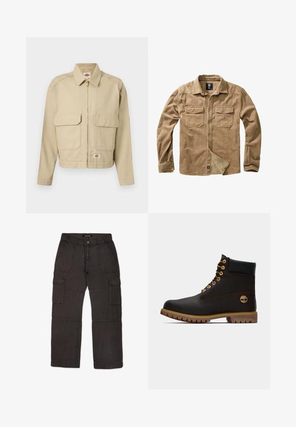Veste beige à fermeture éclair avec deux grandes poches à rabat à l'avant, col droit, manches longues, et étiquette de la marque Dickies sur la poitrine et l'ourlet.; Chemise en velours côtelé beige à manches longues, fermeture à boutons, deux poches sur la poitrine et texture côtelée subtile. Présente une étiquette de marque en bas.; Pantalons cargo en tissu gris foncé avec plusieurs poches, fermeture à bouton sur le devant et détails cousus le long des coutures. Coupe plate à l'avant et ajustement décontracté.; Bottine noire en cuir avec œillets dorés, accents marron et semelle en caoutchouc. Comprend un col rembourré et un logo estampé sur le côté.