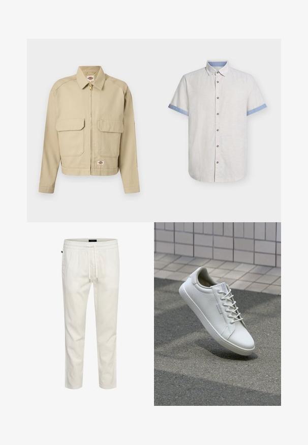 Chaqueta beige con cremallera, dos grandes bolsillos delanteros con solapa, cuello recto, mangas largas y etiqueta de la marca Dickies en el pecho y el dobladillo.; Camisa de manga corta color beige con botones y cuello interior y puños de manga en azul claro a contraste, presentada sobre un fondo blanco.; Joggers ligeros de algodón blanco con cintura elástica, cierre con cordón y un corte relajado. Textura suave sin patrones ni acentos.; Zapatilla blanca hecha de cuero texturizado, con un cierre de cordones en la parte delantera, suela de goma resistente y un diseño minimalista con puntera reforzada.