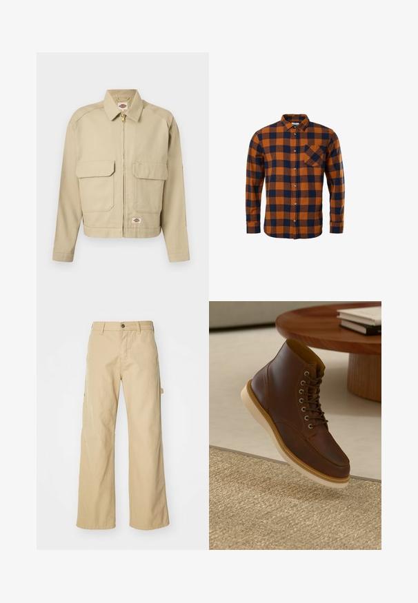 Béžová bunda na zips s dvoma veľkými prednými vreckami s klopou, rovný golier, dlhé rukávy a štítok značky Dickies na hrudi a na spodnom leme.; Košeľa s dlhým rukávom na gombíky s oranžovo-tmavomodrým károvaným vzorom a jednou náprsnou kapsou na bielom pozadí.; Béžové široké cargo nohavice s gombíkovým zapínaním, so bočnými vreckami, vyrobené z odolnej bavlnenej látky, hladkej textúry a rovného strihu.; Hnedé kožené členkové čižmy s béžovou podrážkou na textúrovanom béžovom koberci vedľa okrúhleho dreveného stola so stohom kníh.