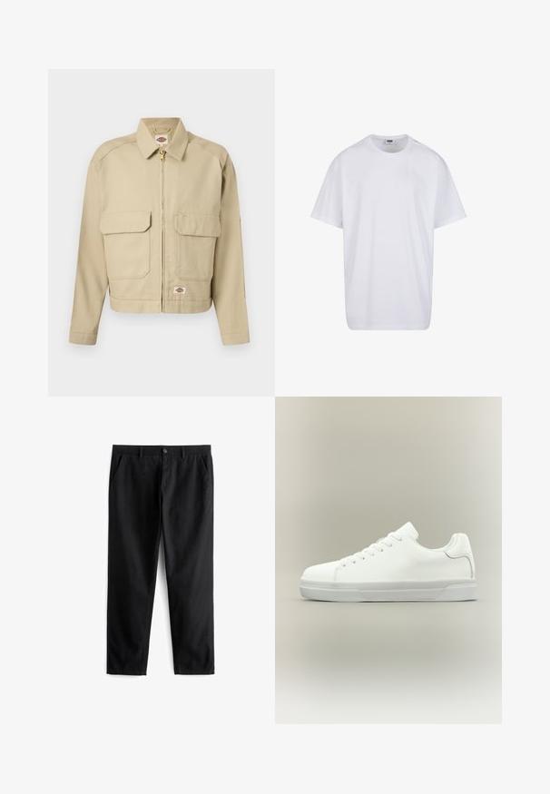 Beige jas met ritssluiting, twee grote klepzakken aan de voorkant, rechte kraag, lange mouwen en het Dickies merklabel op de borst en zoom.; Effen witte katoenen T-shirt met korte mouwen, ronde hals en zichtbare maat- en merklabel aan de binnenkant van de kraag.; Zwarte broek van duurzaam materiaal, met twee voorzakken, een knoopsluiting, een platte voorkant en een recht gesneden pijp.; Witte lage sneaker met veters aan de voorkant, gevoerde kraag en gerubberde zool met textuur, zijaanzicht op een neutrale achtergrond.
