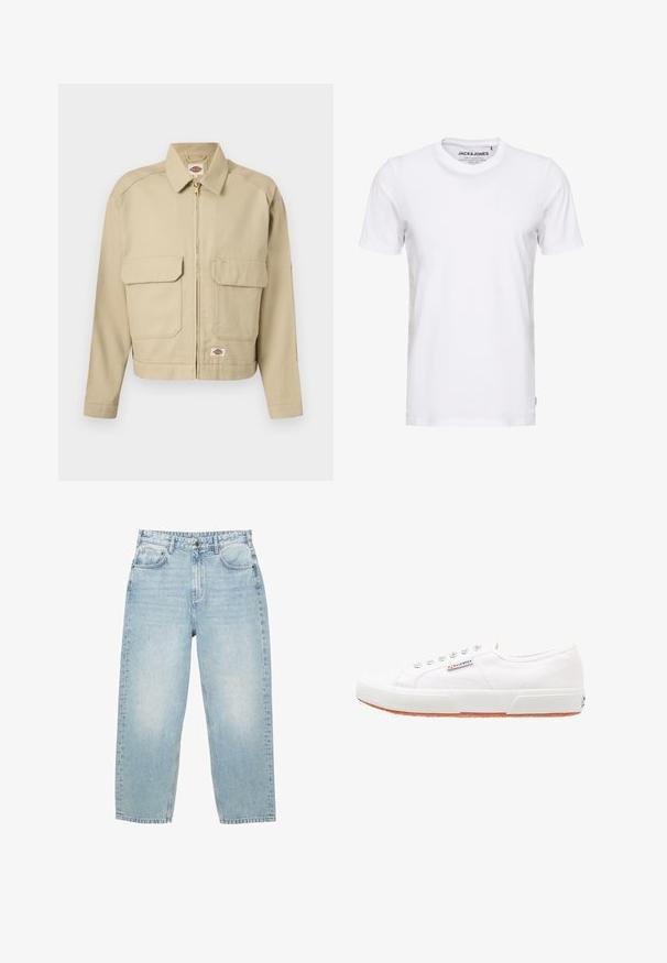 Beige Reißverschlussjacke mit zwei großen aufgesetzten Taschen vorne, geradem Kragen, langen Ärmeln und Dickies-Markenetikett auf der Brust und am Saum.; Weißes T-Shirt mit kurzen Ärmeln aus Baumwolle, mit Rundhalsausschnitt und einem schlichten Design. Markentag im Nackenbereich sichtbar. Keine Muster oder Verzierungen.; Hellblaue hochgeschnittene Jeans aus Denim mit geradem Bein, vorderen und hinteren Taschen sowie einem Knopfverschluss mit sichtbaren Nähten.; Weiße Leinensneaker mit Gummisohle, Schnürdesign und einem kleinen Logolabel an der Seite. Strukturierte weiße Oberseite und braune Außensohle.